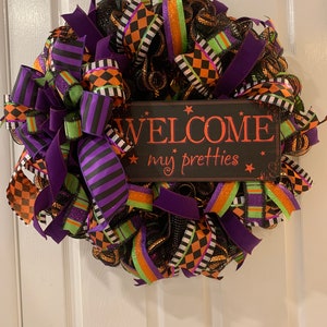 Halloween Witch Wreath with Green, Orange, and Purple Accents, Polka Dots, Stripes, and Harlequin Ribbons