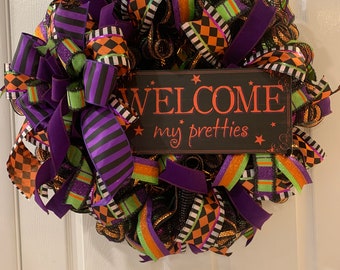 Halloween Witch Wreath with Green, Orange, and Purple Accents, Polka Dots, Stripes, and Harlequin Ribbons