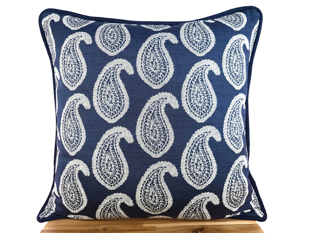 Navy Blue Paisley Decorative Pillow Cover Etsy