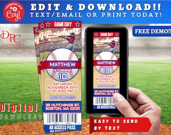 EDITABLE Baseball Birthday Invitation, Baseball Ticket Invitation, Sports birthday Invite, Game Ticket, Sports Ticket, Digital Invite Corjl