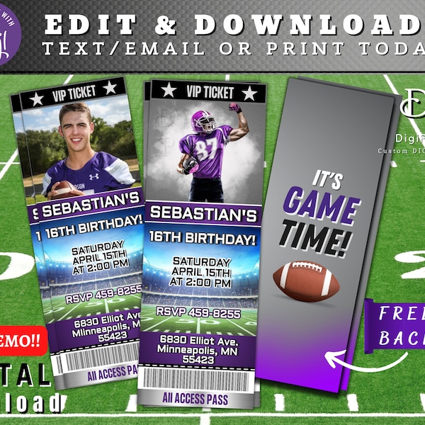 EDITABLE Football Birthday Invitation, Football Ticket Invitation, Sports birthday Invite, Game Ticket, Event Ticket, Digital Invite Corjl