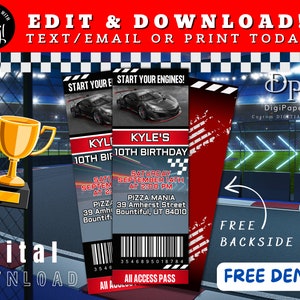 EDITIERBARE Racing-Geburtstagseinladung, Rennwagen-Ticket-Einladung, Racing-Geburtstagsparty, roter Rennwagen, Event-Ticket, digitale Einladung Corjl