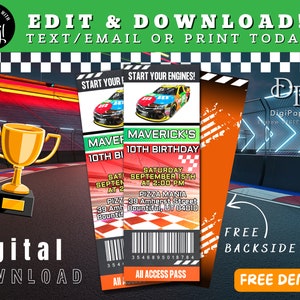 Racing Birthday Invitation, Race Car Ticket Invitation, Racing Birthday Party, Colorful, Event Ticket, Instant Download Corjl