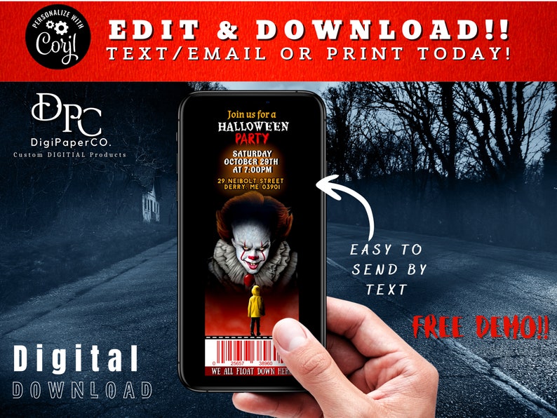 EDITABLE It Halloween Party Invitation Template, Horror Movie Costume Party Invite, Phone Invite