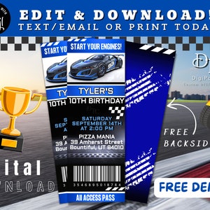 EDITABLE Race car Birthday Invitation, Race Car Ticket Invitation, Racing Birthday Party, Blue Race Car, Event Ticket, Digital Invite Corjl