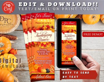 EDITABLE Thanksgiving Dinner Invitation, Thanksgiving ticket, Friendsgiving ticket, Event ticket, Instant Download, Turkey Day invite