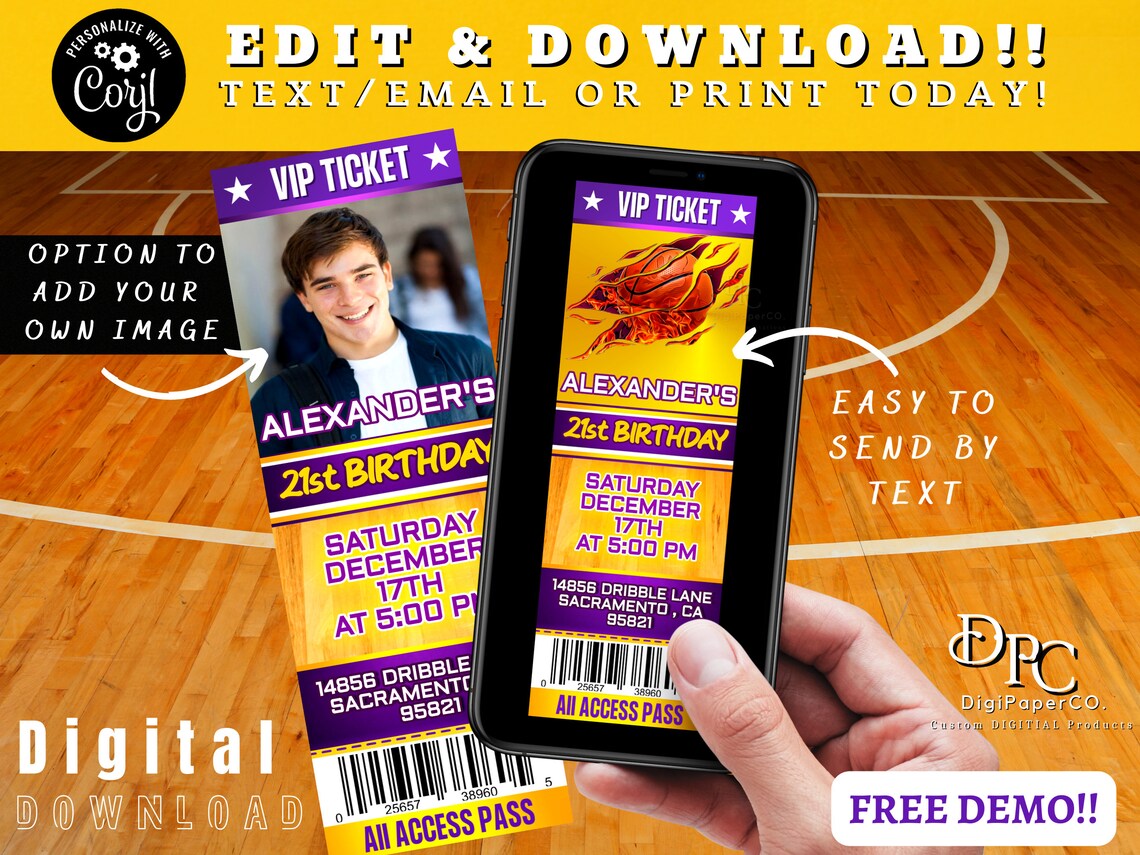EDITABLE Basketball Birthday Invitation, Basketball Ticket Invitation