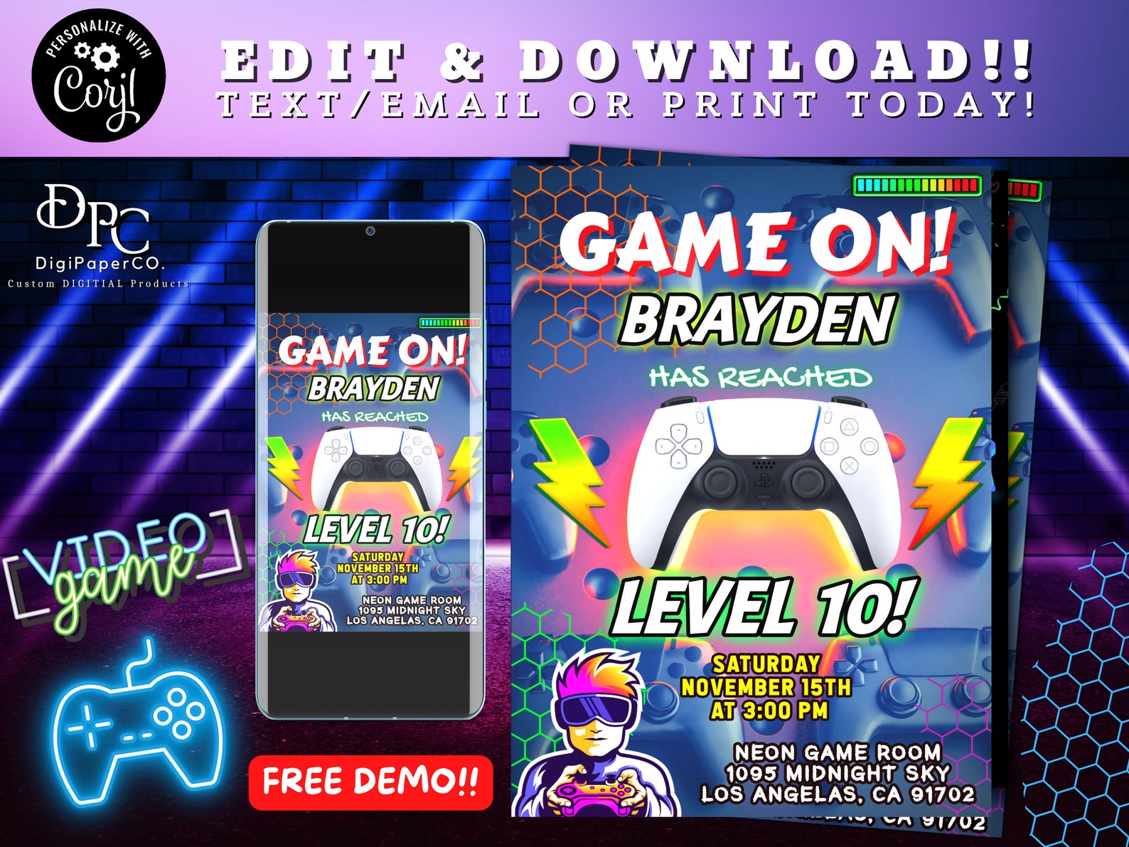 EDITABLE Video Game Invitation, Printable Neon Invitation, Game on Level Up, Gamer Birthday