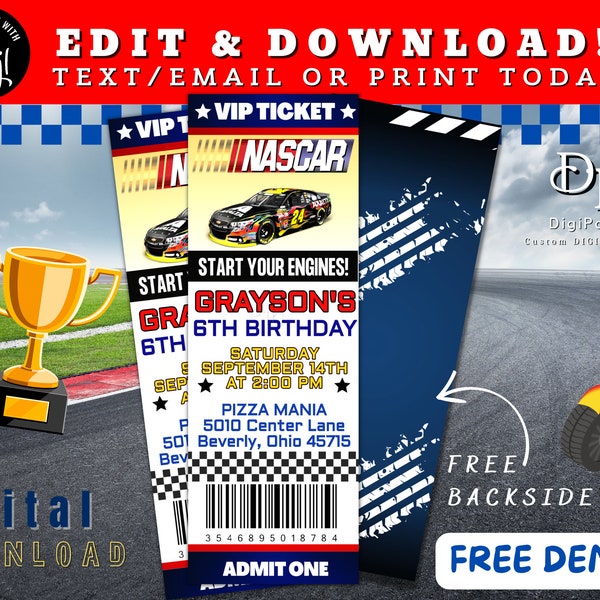 EDITABLE Racing Birthday Invitation, Race Car Ticket Invitation, Racing Birthday Party, Event Ticket, Digital Invite Corjl