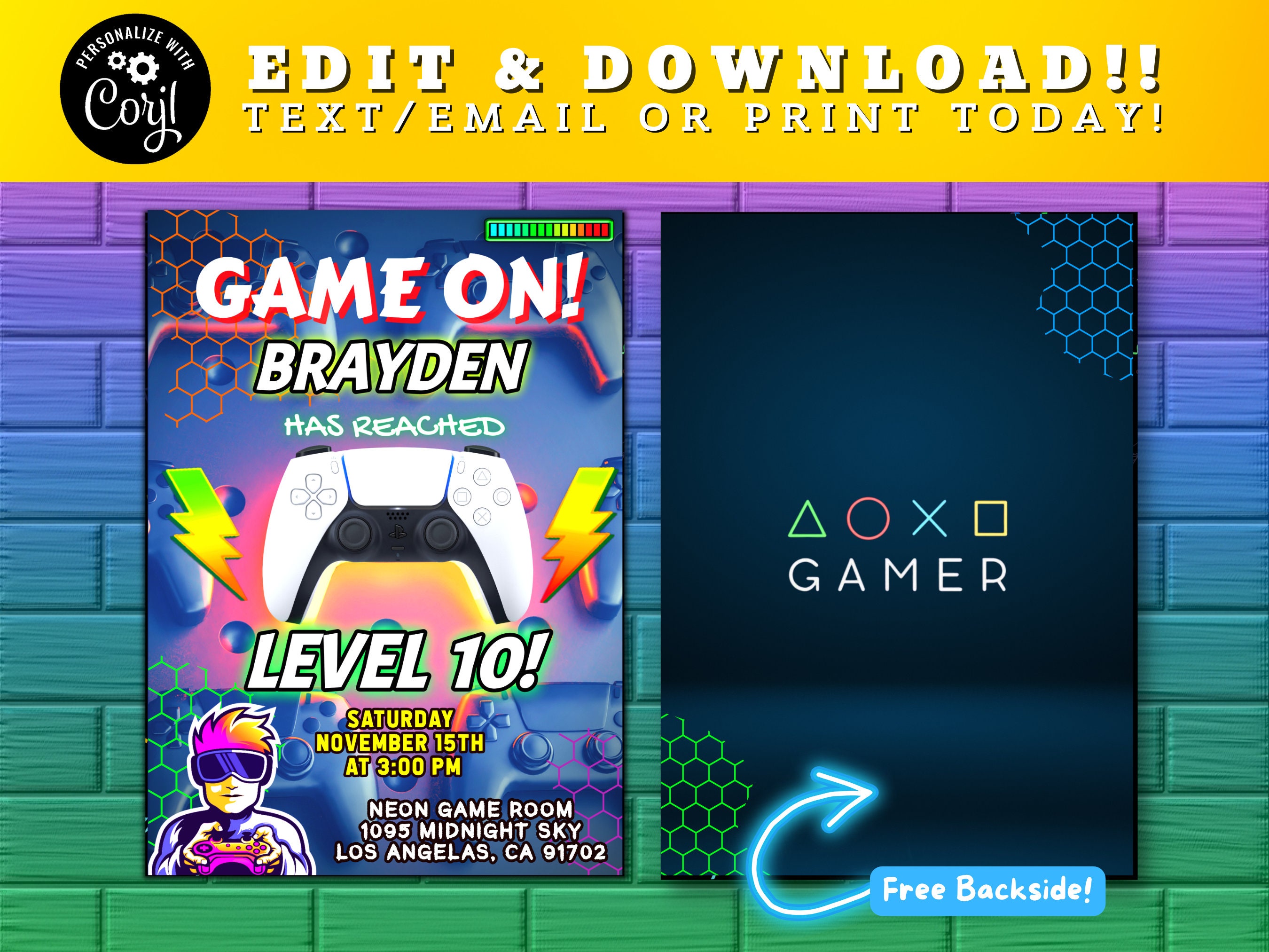 Buy EDITABLE Video Game Invitation, Printable Neon Invitation, Game on ...
