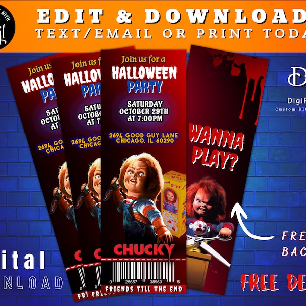 EDITABLE Chucky Halloween Party Invitation Template, Horror Movie Costume Party Invite, Phone Invite, Instant Download, Digital Invite Corjl