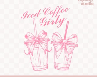 coquette iced coffee pink bows png, coffee lover, pink iced coffee girly, that girl era, coffee girl, aesthetic coffee, trendy shirt design