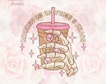 running on caffeine & chaos skeleton retro png, iced coffee addict, mama needs coffee, retro iced coffee, that girl, sublimation design png