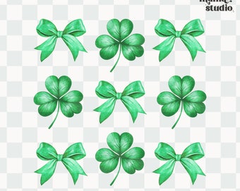 May include: Nine digital illustrations of green shamrocks and green bows. The shamrocks have three leaves each. The bows are tied with a simple knot. The illustrations are on a transparent background. The text "ginger mama studio." is in the top right corner of the image.