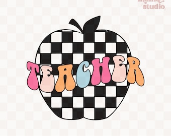 teacher checkered apple png, trendy teacher shirt, checkered retro apple, teach, educator, tiny human tamer, teacher gifts, sublimation png