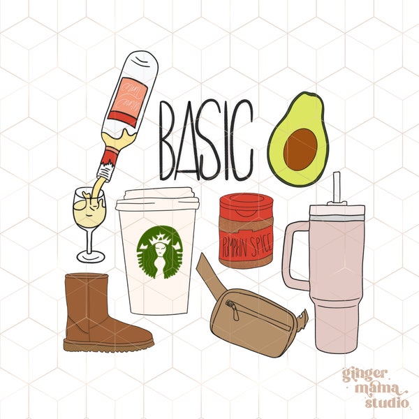 basic girl png, winter girl basics png, trendy belt bag, avocado, wine, starbs, stanley tumbler png, basic girl things png, that girl png