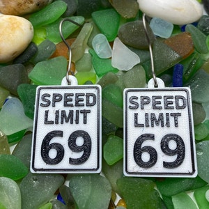 May include: Two white speed limit sign earrings with black text. The signs read "Speed Limit 69".