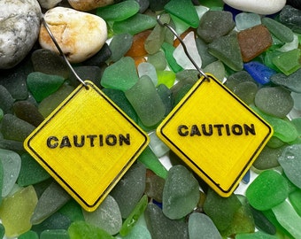 Caution Sign Drop Earrings • Modern Trendy Jewelry For Her • Fun Novelty Traffic Sign Dangle Earrings • Quirky Statement Gift For Women