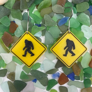 Bigfoot Crossing Drop Earrings • Novelty Sasquatch Dangle Earrings • Fun Humorous Jewelry For Her • Funny Warning Sign Gift For Women