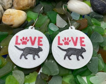 I Love Cats Drop Earrings • Fun Whimsical Pet Lover Jewelry • I Heart Black Cat Dangle Earrings • Unique Gift For Cat And Kitty Lovers