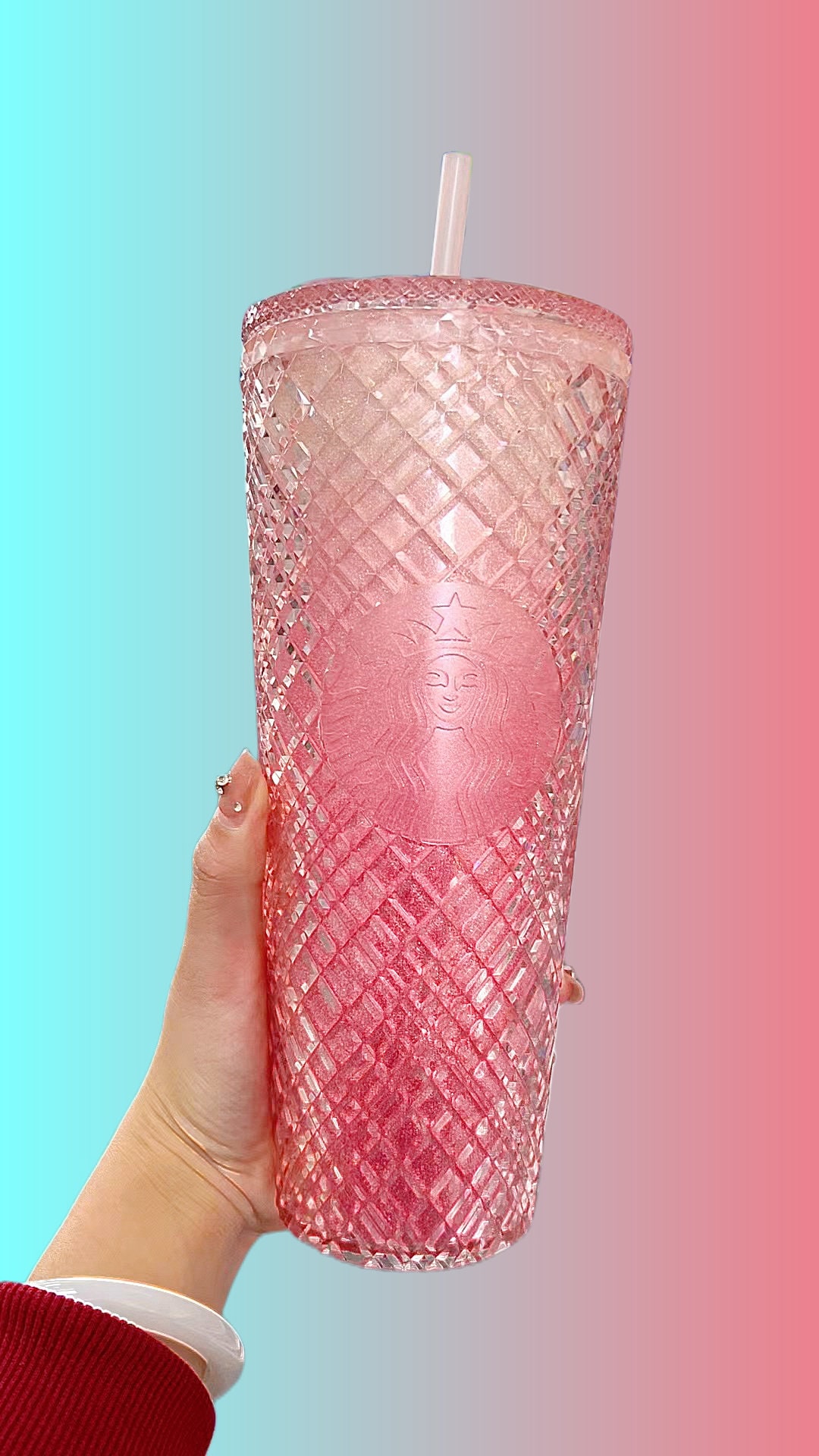 Starbucks Sakura Pink Glitter Studded Cold Cup Tumbler 24oz/710ml Cold  Drink Cup