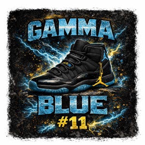 May include: Black and blue high-top sneaker with the text "GAMMA BLUE #11". The shoe has a shiny black upper, blue accents, and a gold charm. Lightning bolt graphics are in the background.