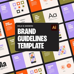 May include: A black and white graphic design template for brand guidelines. The template includes sections for color combinations, typography, photography, and social media stories. The template is labeled "Bold & Modern Brand Guidelines Template".