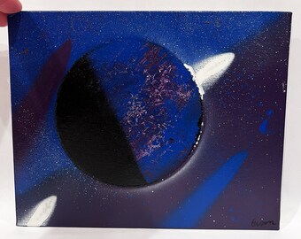 Outer Space Planet Spray Paint Artwork on Canvas 8" x 10"
