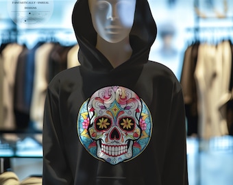 Stained Glass Style Sugar Skull 06 Youth Graphic Hoodie | Teal Tone Skull Hoodie for Día de los Muertos and Relaxed Everyday Wear