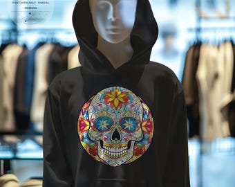 Stained Glass Style Sugar Skull 02 Youth Graphic Hoodie | Colorful Skull Hoodie for Día de los Muertos and Cozy Daily Comfort