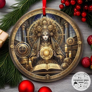 Steampunk tarot hogepriesteres aluminium ornament | Rond, gepersonaliseerd, heksachtig gotisch vakantiedecor, mystiek gotisch cadeau, hemels decor