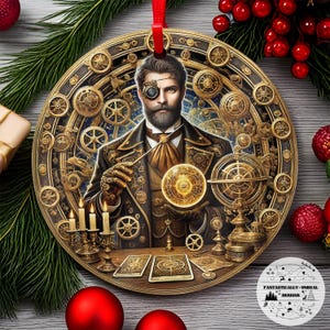 Steampunk tarot goochelaar aluminium ornament | Rond, gepersonaliseerd, heksachtig gotisch vakantiedecor, mystiek gotisch cadeau-idee, hemels decor