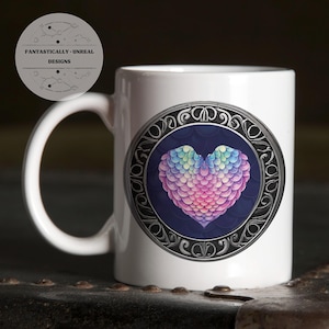 Rainbow Dragon Scale Heart Beverage Mug | Ceramic Mug, Enamel Camping Mug, Hot Cocoa Mug, Tea Gift, Fantasy Mugs, Nerdy Mugs, Geeky DnD Mug