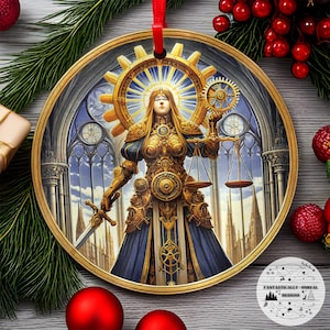 Steampunk Tarot Justice aluminium ornament | Rond, gepersonaliseerd, heksachtig gotisch vakantiedecor, mystiek gotisch cadeau-idee, hemels decor