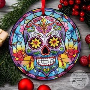 Stained Glass Style Sugar Skull 04 Round Aluminum Ornament | Violet Skull Decor for Día de los Muertos and Year Round Remembrance Display