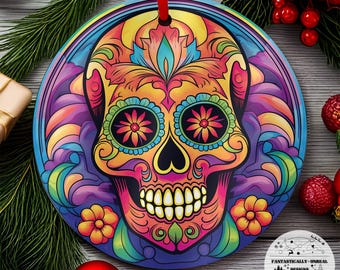Stained Glass Style Sugar Skull Aluminum Ornament 11 | Holiday Ornament, Christmas Ornament, Holiday Décor, Skull Gift, Day Of The Dead Gift