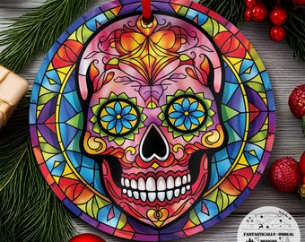 Stained Glass Style Sugar Skull Aluminum Ornament 12 | Holiday Ornament, Christmas Ornament, Holiday Décor, Skull Gift, Day Of The Dead Gift