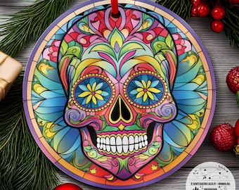 Stained Glass Style Sugar Skull Aluminum Ornament 10 | Holiday Ornament, Christmas Ornament, Holiday Décor, Skull Gift, Day Of The Dead Gift