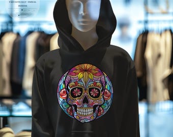 Stained Glass Style Sugar Skull 05 Youth Graphic Hoodie | Gothic Skull Hoodie for Día de los Muertos and Laid Back Daily Comfort