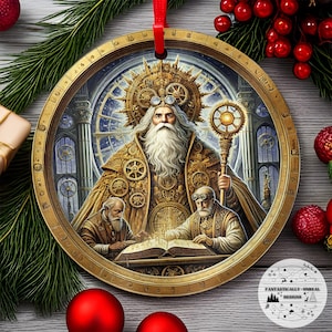 Steampunk Tarot Hiërofant Aluminium Ornament | Rond, gepersonaliseerd, heksachtig gotisch vakantiedecor, mystiek gotisch cadeau-idee, hemels decor