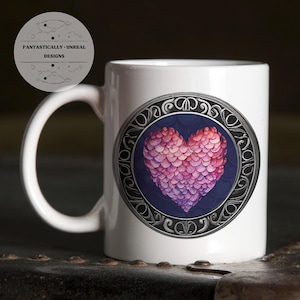 Red Dragon Scale Heart Beverage Mug | Ceramic Mug, Enamel Camping Mug, Hot Cocoa Mug, Tea Gift, Fantasy Mugs, Nerdy Mugs, Geeky DnD Mug