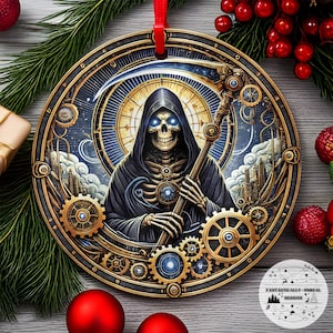 Steampunk Tarot Death Aluminium Ornament | Rond, gepersonaliseerd, heksachtig gotisch vakantiedecor, mystiek gotisch cadeau-idee, hemels decor
