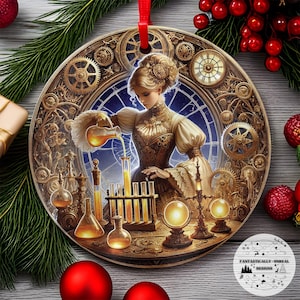 Steampunk Tarot Temperance Aluminum Ornament | Round, Personalized, Witchy Gothic Holiday Decor, Mystical Gothic Gift Idea, Celestial Décor