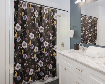 Botanical Shower Curtain, Dark Floral Bath Decor, Wild Flowers, Cottagecore Bathroom Decor, Farmhouse Home Decor, Natural Botanical Lover