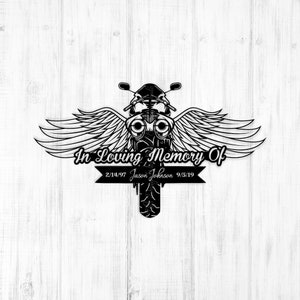 May include: Black and white illustration of a motorcycle with angel wings. The motorcycle has a banner that reads "In Loving Memory Of" with the dates "2/14/97 Jason Johnson 9/5/19".