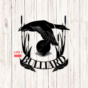 Puede incluir: Silueta negra de metal de un colimbo volando sobre un lago con espada&ntilde;as. La palabra "BULLIARD" est&aacute; escrita en una pancarta debajo del colimbo.