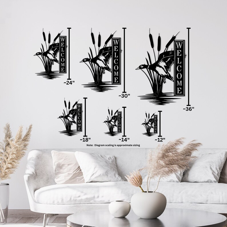 May include: Black metal wall art depicting a duck in flight, reeds, and the word "WELCOME" on a vertical sign. Available in various sizes, from approximately 30 cm to 91 cm in height. Suitable for home decoration.