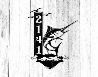 Customized/Personalized Metal Marlin Salt Water Big Game Fishing Seagulls Vacation Home Address/Welcome Outdoor Art Decor Beach House Sign