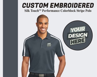 Custom Embroidered Men's Polo Port Authority® Silk Touch Performance Colorblock Stripe Polo Custom Embroidery Polo Golf Shirts Workwear Polo