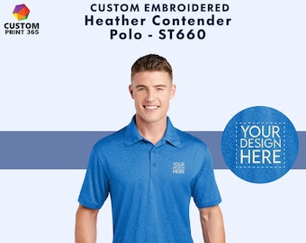 Custom Sport Tek® Embroidered Polo Shirt, Personalized Embroidery Polo T-Shirt, Heather Color Moisture Wicking Dri Fit Polo Unisex Tee